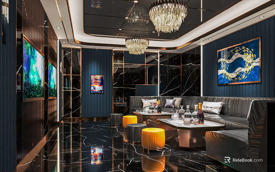 Modern Luxury KTV Interior Design With Sofa Chandelier TV Screens And Wall Art 3d model