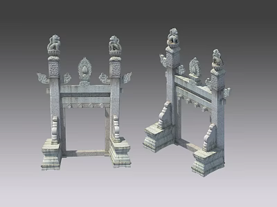 Traditional Stone Gates With Lion Statues And Intricate Carvings And Decorative Pillars 3d model
