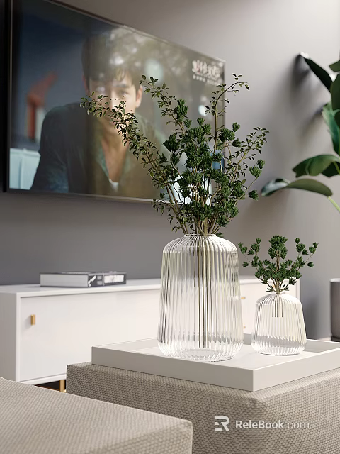 Transparent Ribbed Glass Vases With Green Plants For Modern Indoor Living Room Decor 3d model 