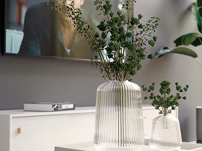 Transparent Ribbed Glass Vases With Green Plants For Modern Indoor Living Room Decor 3d model