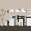 Various Office Appliances Including Multifunction Printers And Copiers In Modern Office