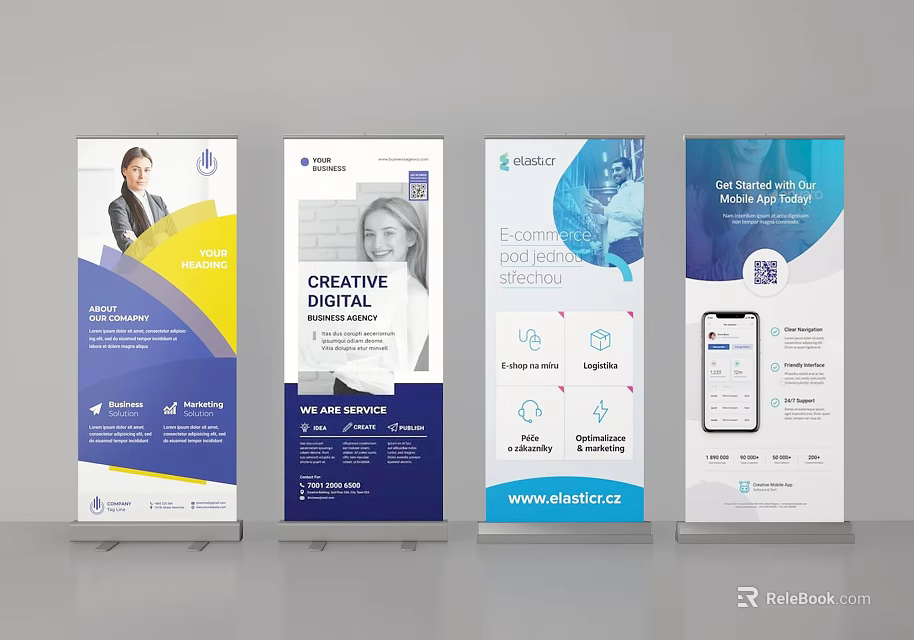 Business Roll-up Banners With Creative Design Photos Text And Icons 3d model 