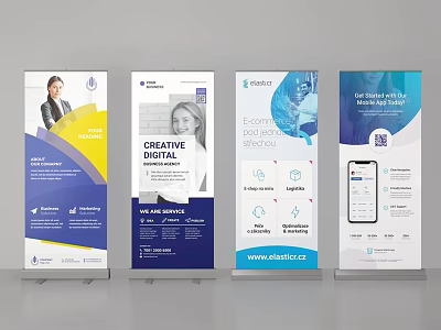 Business Roll-up Banners With Creative Design Photos Text And Icons 3d model