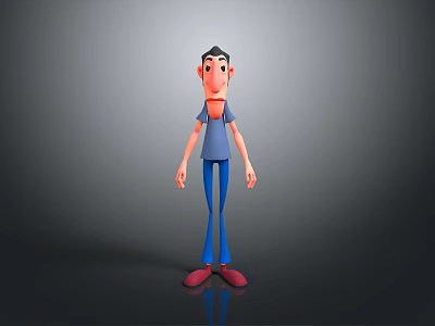 3D Cartoon Man with Blue T-shirt Blue Pants and Red Shoes Standing on Gray Background 3d model