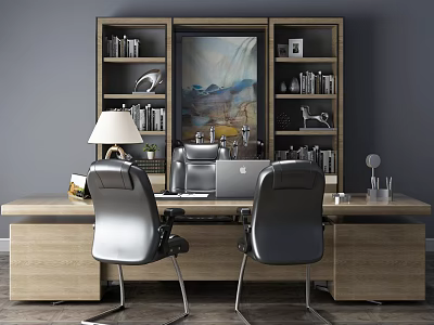 Modern Office Desk Setup With Leather Chairs Bookshelf Lamp And Laptop 3d model