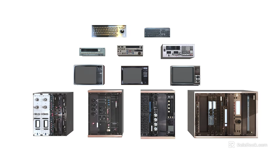 Collection Of Vintage Electronic Devices With Keyboards Monitors And Control Panels 3d model 