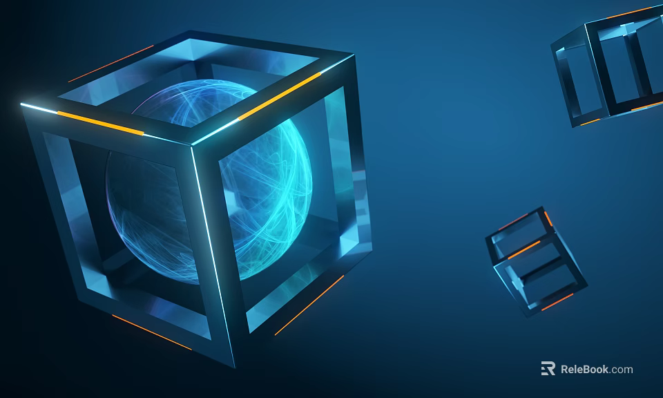 Decorative Ornament Set With Transparent Cube Frame Glowing Blue Sphere Line Network Small Surrounding Cubes 3d model 
