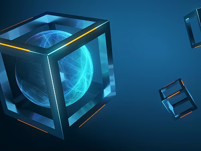 Decorative Ornament Set With Transparent Cube Frame Glowing Blue Sphere Line Network Small Surrounding Cubes 3d model