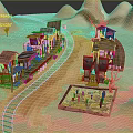 Western Style Wooden Buildings in Desert With Railway Tracks Signboard Small Pond and Dry Trees