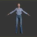 A Woman In Blue Shirt And Blue Jeans With Arms Outstretched Standing Against Gray Background