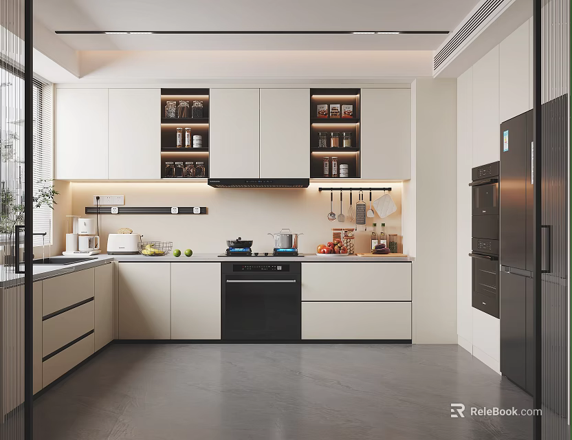 Modern Kitchen Interior Design With White Wall Cabinets Countertop And Appliances 3d model