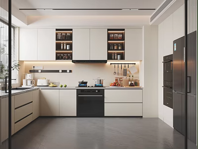 Modern Kitchen Interior Design With White Wall Cabinets Countertop And Appliances 3d model