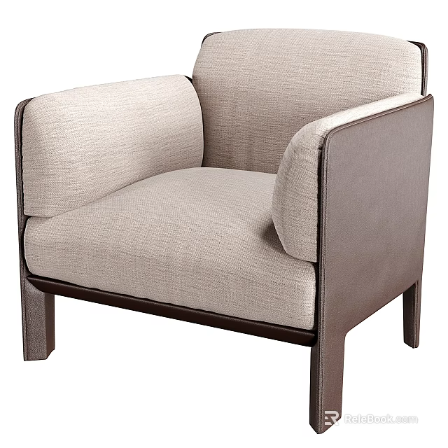 Modern Beige Fabric Accent Chair With Curved Armrests And Solid Wooden Legs Design 3d model 