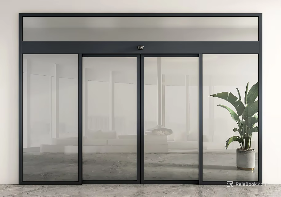 Modern Glass Automatic Entrance Door With Interior View And Plant 3d model 