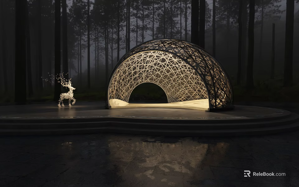 Arched Latticed Sculpture With Lighting And Deer Sculpture In Forest With Water Reflection 3d model 