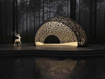 Arched Latticed Sculpture With Lighting And Deer Sculpture In Forest With Water Reflection 3d model