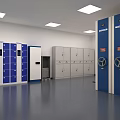 Interior Layout With Blue Wall Lockers Electronic Screen And Gray Floor 3d model