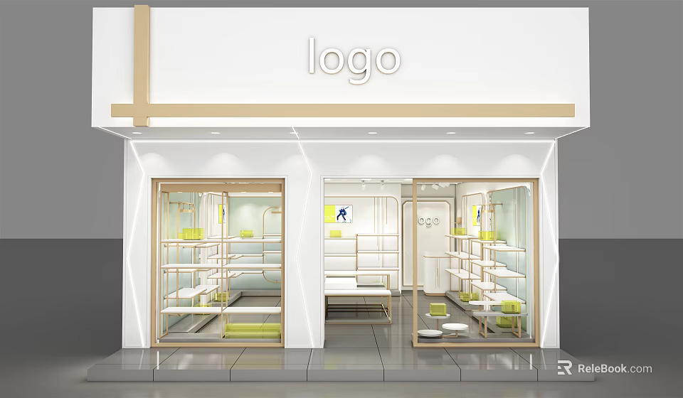 Modern Retail Store Front With Glass Windows Shelves Displaying Yellow Items And White Cabinets 3d model 