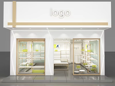 Modern Retail Store Front With Glass Windows Shelves Displaying Yellow Items And White Cabinets 3d model