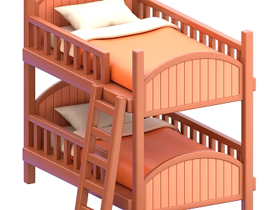 Wooden Bunk Bed Design With Ladder Guardrails And Comfortable Mattresses Pillows 3d model