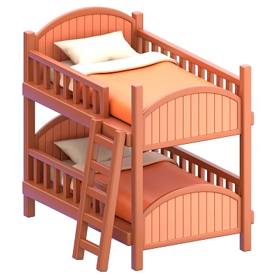 Wooden Bunk Bed Design With Ladder Guardrails And Comfortable Mattresses Pillows 3d model