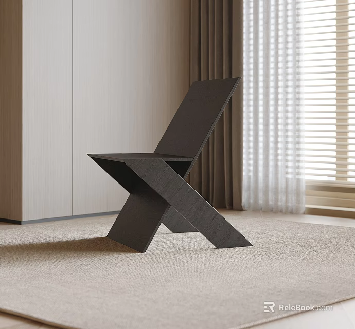 Modern Black Single Chair With X Shaped Legs In Interior Room Curtains And Blinds 3d model 