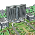 Modern High Rise Office Building With Glass Curtain Wall And Landscaped Garden