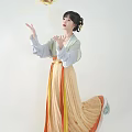 Woman In Traditional Hanfu With Yellow And Orange Flowing Skirt And Hair Accessories