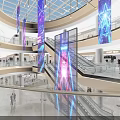 Modern Mall Interior With Multiple Floors Escalators Brand Shops Colorful Ceiling And People Shopping