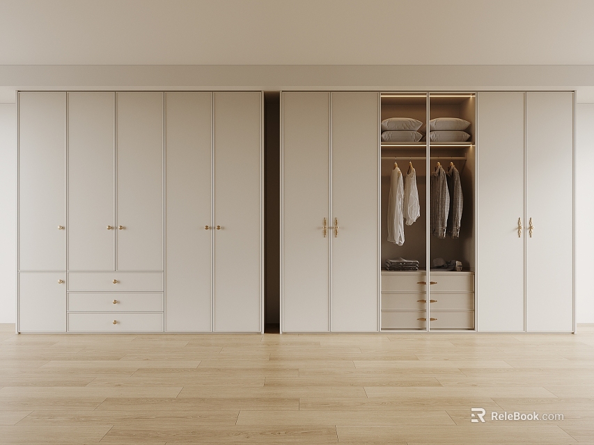 Modern White Wardrobe Interior Design With Open Hanging Area And Drawers On Wooden Floor 3d model 