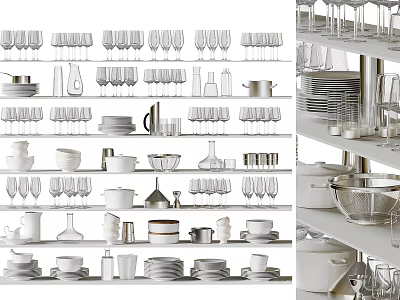 Assorted Dinnerware Set With Cups Plates Bowls And Glassware On Kitchen Shelf 3d model