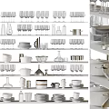 Assorted Dinnerware Set With Cups Plates Bowls And Glassware On Kitchen Shelf