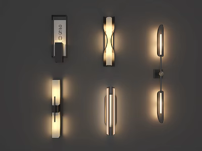 Six Wall Lamps With Various Designs Different Shapes And Warm Light On Gray Wall 3d model