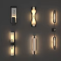 Six Wall Lamps With Various Designs Different Shapes And Warm Light On Gray Wall