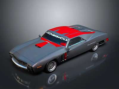 Classic Dodge Muscle Car Featuring Gray Body Red Hood And Roof Stripe Design 3d model