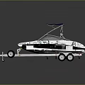 Modern White Motorboat With Blue Canopy On Trailer For Water Transportation