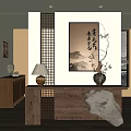 Chinese Style Entryway Interior With Wooden Console Table Lattice Screen And Calligraphy Painting