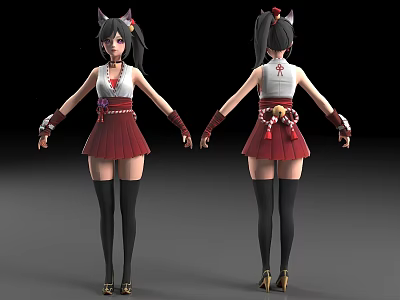 Anime Game Character with Cat Ears Twin Tails Red White Short Skirt Knee High Socks 3d model