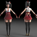 Anime Game Character with Cat Ears Twin Tails Red White Short Skirt Knee High Socks
