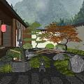 Traditional Japanese Garden with Stone Lanterns Maple Tree Mossy Stones and Wooden Structures