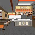 Modern Warm Noodle Restaurant Interior With Orange Wooden Decor Counter Menu Posters And Tables
