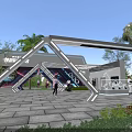 Modern Architectural Entrance With Geometric Metal Frame Palm Trees Greenery And Pedestrians