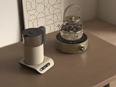 Kitchen Appliances Beige Electric Kettle And Golden Glass Kettle On Wooden Countertop 3d model
