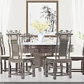 Chinese Style Carved Wooden Dining Table And Chairs Set With Yellow Flower Vase Landscape Painting