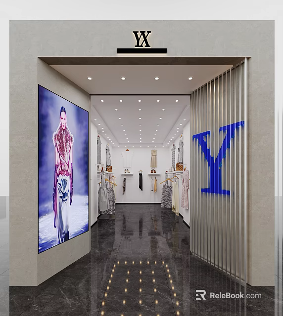 Modern Clothing Store Interior With Large Model Poster Fashion Displays And Bright Lighting 3d model 