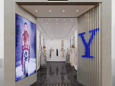 Modern Clothing Store Interior With Large Model Poster Fashion Displays And Bright Lighting 3d model