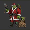 Christmas Goblin Character In Santa Costume Holding Toy Gun With Small Goblin In Gift Bag