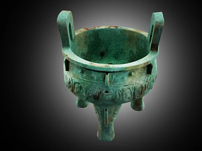 Ancient Bronze Tripod Sculpture With Double Handles And Intricate Engravings 3d model