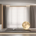 White Blinds In Modern Interior With Gray Curtains And Moon Shaped Decor
