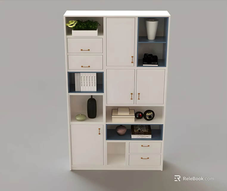 White Modern Wardrobe Interior With Open Compartments Drawers And Decorative Items 3d model 